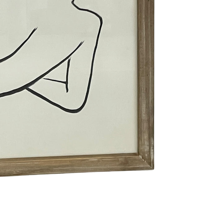 Contemporary Minimalist Reclining Nude Figure Line Drawing in Wood Frame.