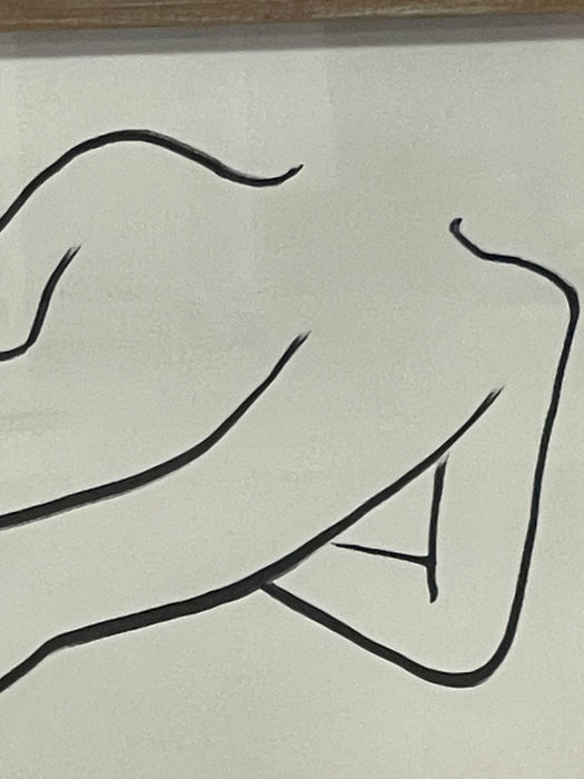 Contemporary Minimalist Reclining Nude Figure Line Drawing in Wood Frame.