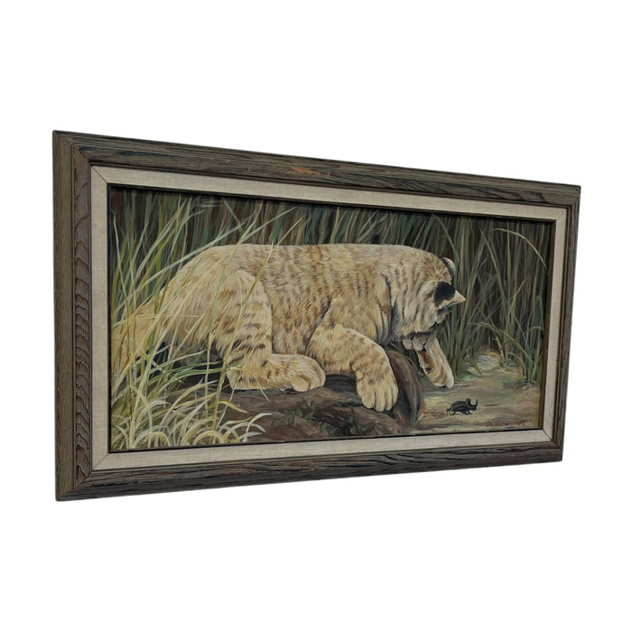 Lori Benton 1988 Signed Wildlife Painting of a Lion Cub and Beetle in Grassland