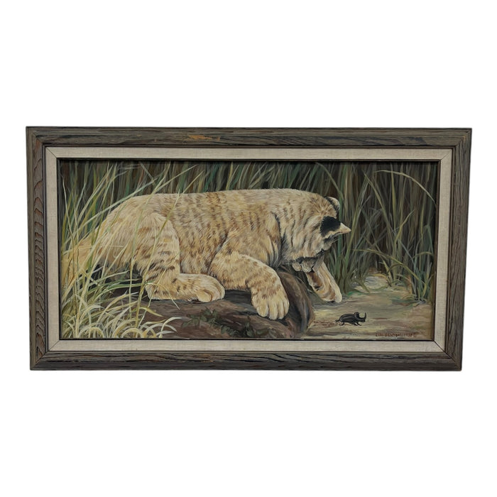 Lori Benton 1988 Signed Wildlife Painting of a Lion Cub and Beetle in Grassland