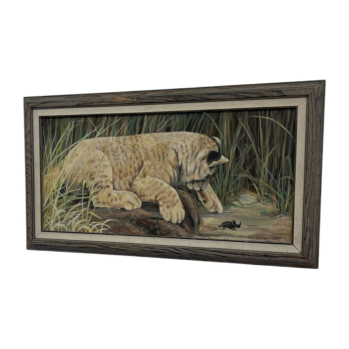 Lori Benton 1988 Signed Wildlife Painting of a Lion Cub and Beetle in Grassland