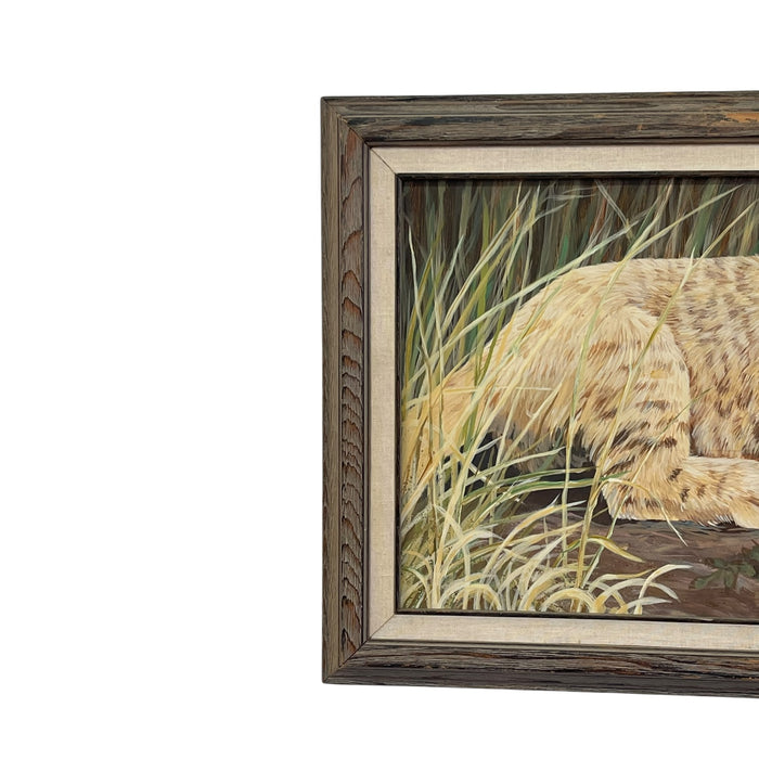 Lori Benton 1988 Signed Wildlife Painting of a Lion Cub and Beetle in Grassland