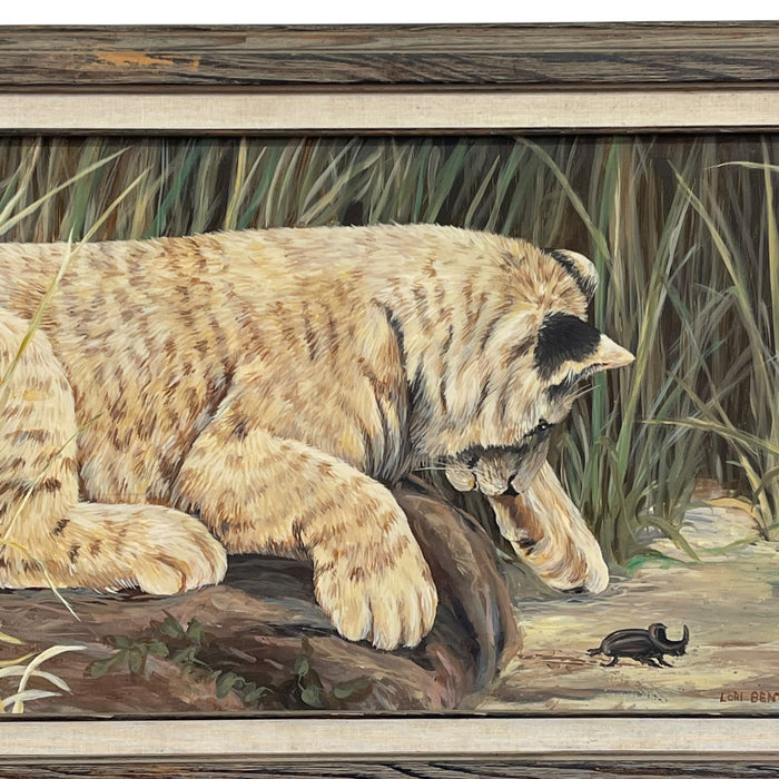 Lori Benton 1988 Signed Wildlife Painting of a Lion Cub and Beetle in Grassland