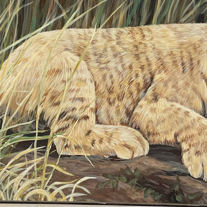 Lori Benton 1988 Signed Wildlife Painting of a Lion Cub and Beetle in Grassland