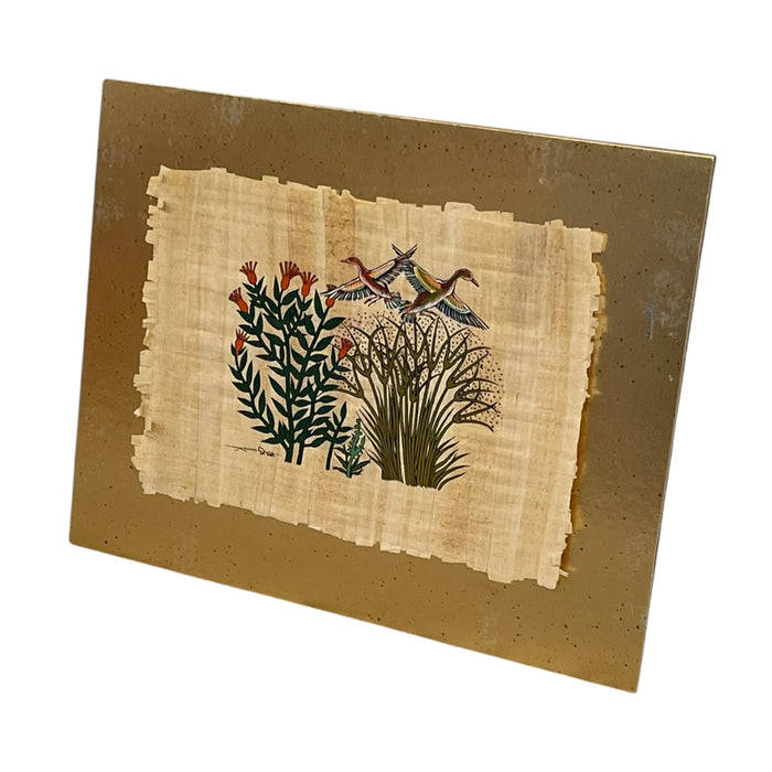 Signed Bird and Botanical Artwork with Metallic Gold-Tone Backing.