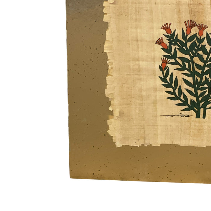 Signed Bird and Botanical Artwork with Metallic Gold-Tone Backing.