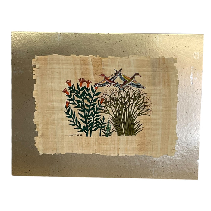 Signed Bird and Botanical Artwork with Metallic Gold-Tone Backing.