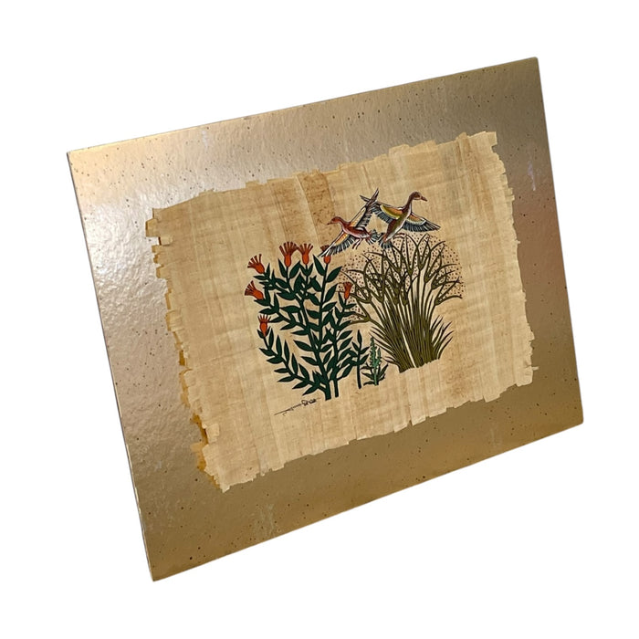 Signed Bird and Botanical Artwork with Metallic Gold-Tone Backing.