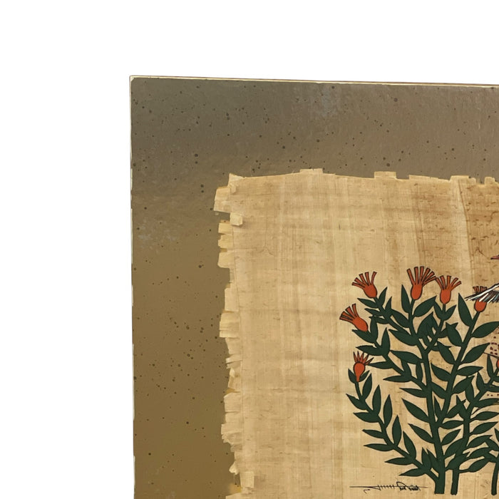 Signed Bird and Botanical Artwork with Metallic Gold-Tone Backing.