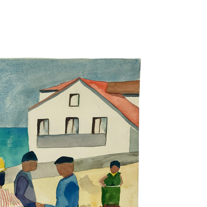 Signed M. Hinea Coastal Village Market Original Watercolor Painting.