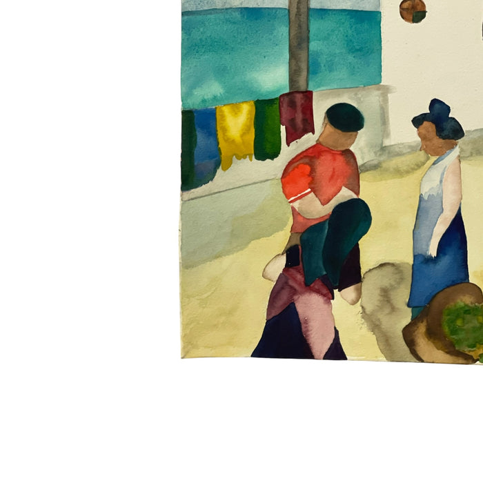 Signed M. Hinea Coastal Village Market Original Watercolor Painting.