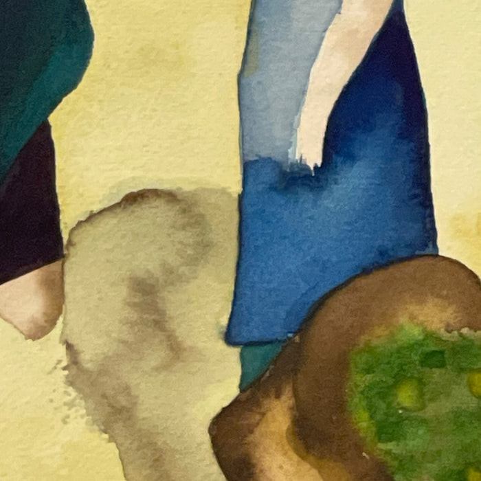Signed M. Hinea Coastal Village Market Original Watercolor Painting.