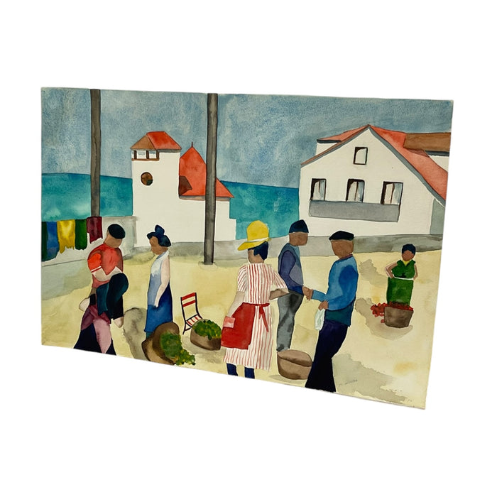 Signed M. Hinea Coastal Village Market Original Watercolor Painting.