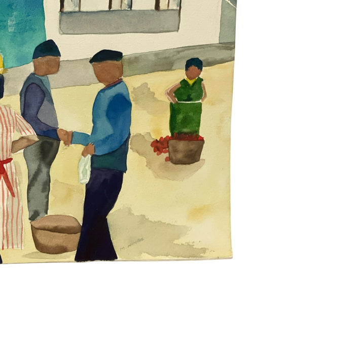 Signed M. Hinea Coastal Village Market Original Watercolor Painting.