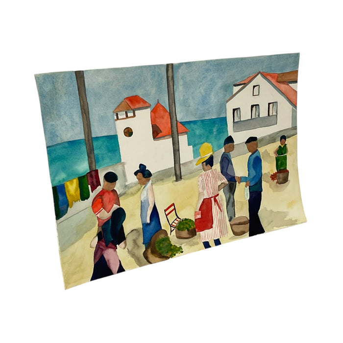 Signed M. Hinea Coastal Village Market Original Watercolor Painting.