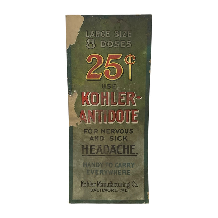 Vintage Kohler Antidote Advertising Sign, Baltimore Medicine Pharmacy Display.