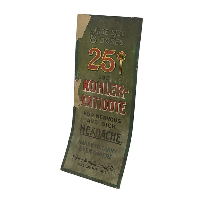 Vintage Kohler Antidote Advertising Sign, Baltimore Medicine Pharmacy Display.