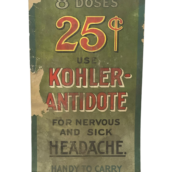 Vintage Kohler Antidote Advertising Sign, Baltimore Medicine Pharmacy Display.