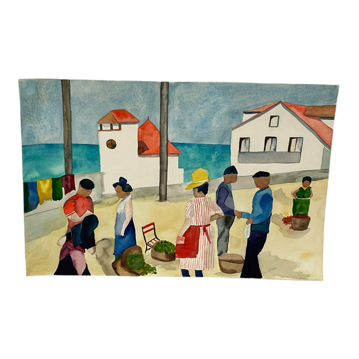 Signed M. Hinea Coastal Village Market Original Watercolor Painting.