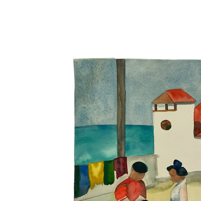 Signed M. Hinea Coastal Village Market Original Watercolor Painting.