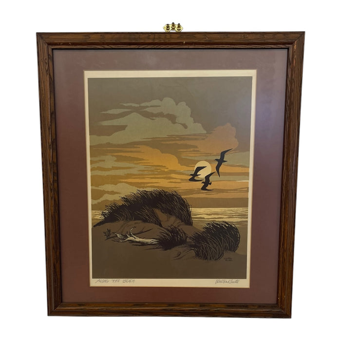 Walton Butts Signed "Along the Beach" Coastal Landscape Art with Birds.