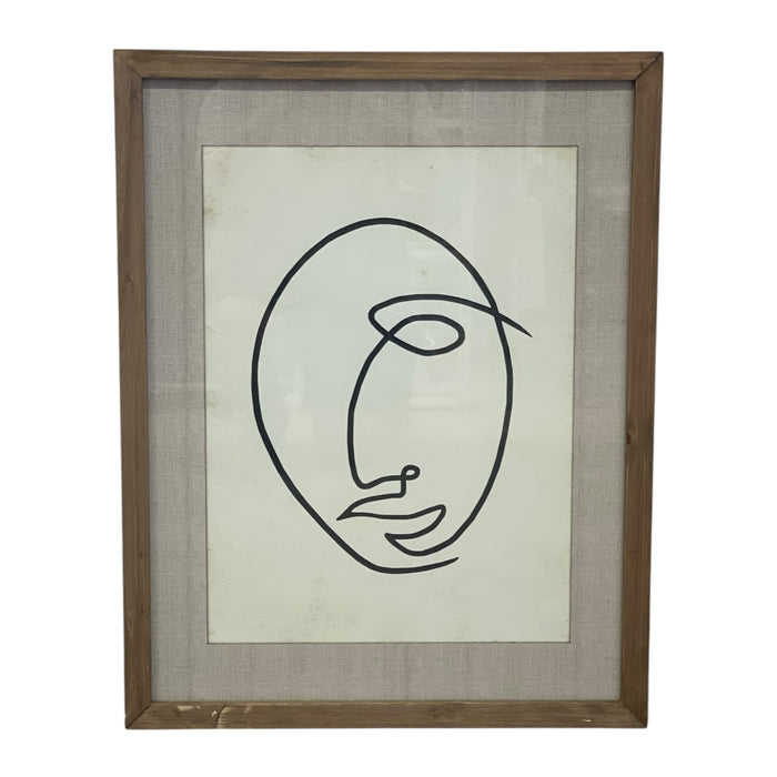 Framed Modernist Abstract Line Drawing Face Portrait with Linen Mat