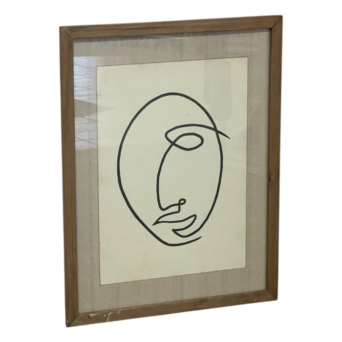 Framed Modernist Abstract Line Drawing Face Portrait with Linen Mat