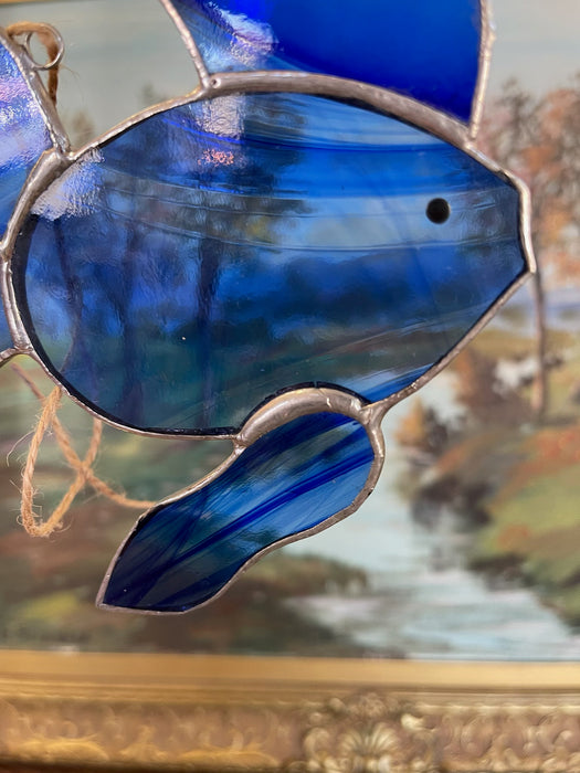 Vintage Stained Glass Fish Suncatcher in Deep Cobalt Blue.