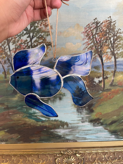 Vintage Stained Glass Fish Suncatcher in Deep Cobalt Blue.