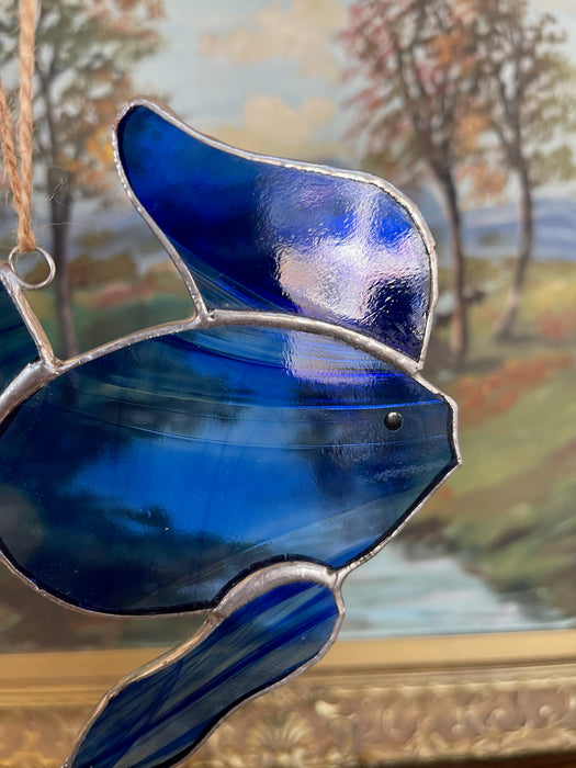 Vintage Stained Glass Fish Suncatcher in Deep Cobalt Blue.