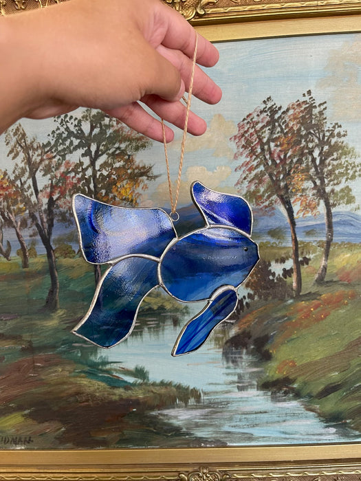 Vintage Stained Glass Fish Suncatcher in Deep Cobalt Blue.