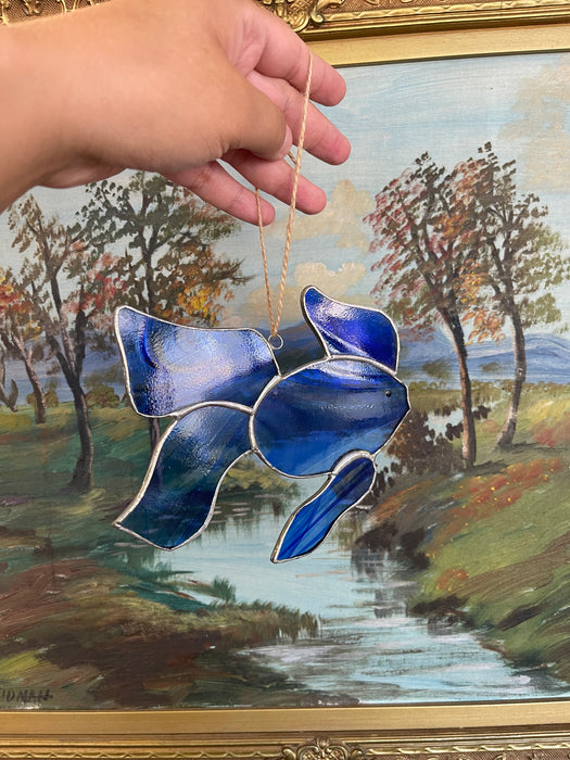 Vintage Stained Glass Fish Suncatcher in Deep Cobalt Blue.