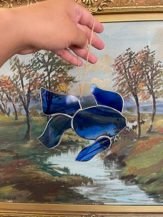 Vintage Stained Glass Fish Suncatcher in Deep Cobalt Blue.