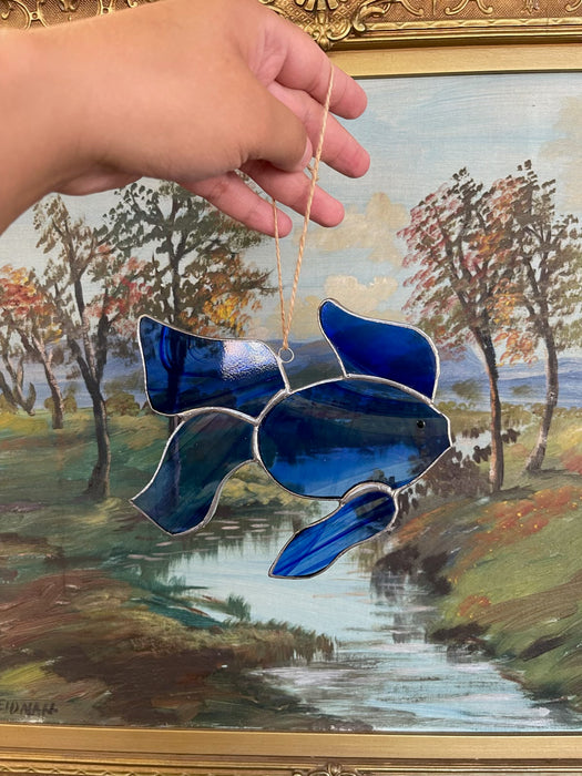 Vintage Stained Glass Fish Suncatcher in Deep Cobalt Blue.