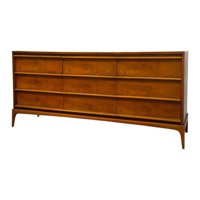 Mid-Century Modern 9-Drawer Walnut Lowboy Dresser Dovetailed Drawers by Lane.