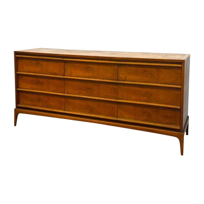Mid-Century Modern 9-Drawer Walnut Lowboy Dresser Dovetailed Drawers by Lane.