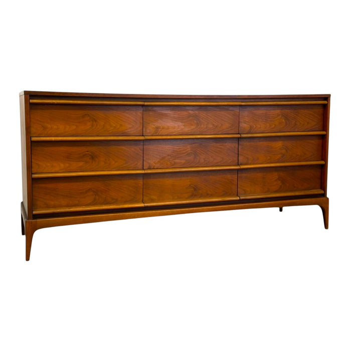 Mid-Century Modern 9-Drawer Walnut Lowboy Dresser Dovetailed Drawers by Lane.
