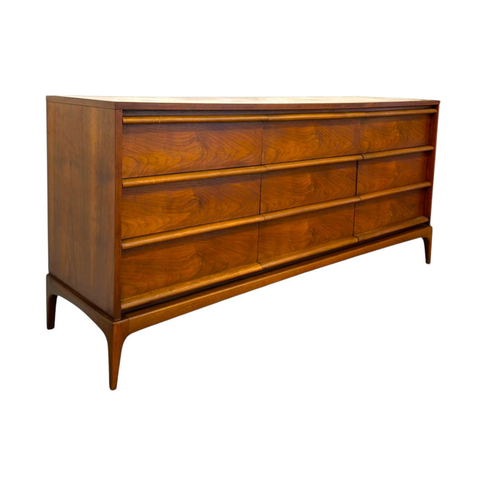 Mid-Century Modern 9-Drawer Walnut Lowboy Dresser Dovetailed Drawers by Lane.