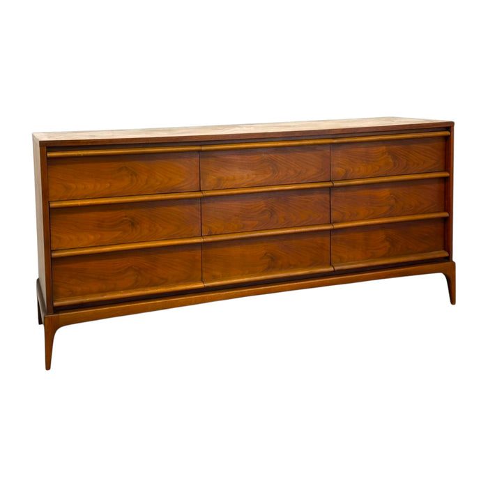 Mid-Century Modern 9-Drawer Walnut Lowboy Dresser Dovetailed Drawers by Lane.