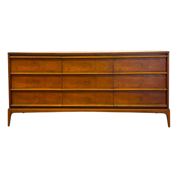 Mid-Century Modern 9-Drawer Walnut Lowboy Dresser Dovetailed Drawers by Lane.