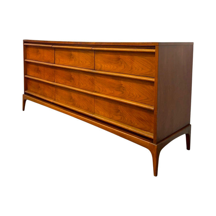 Mid-Century Modern 9-Drawer Walnut Lowboy Dresser Dovetailed Drawers by Lane.