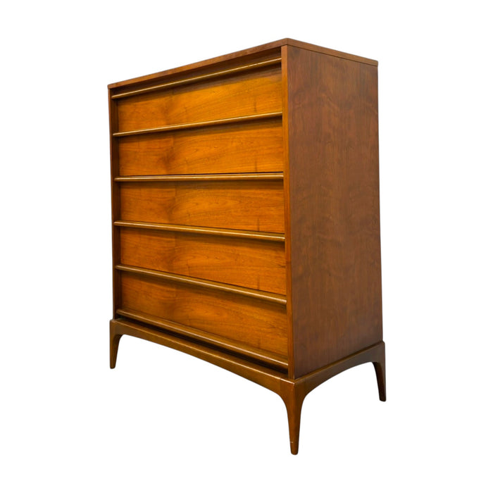 Vintage Mid-Century Modern 5-Drawer Walnut Highboy Dresser Dovetailed Drawers by Lane.