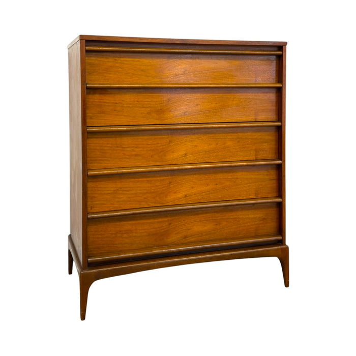Vintage Mid-Century Modern 5-Drawer Walnut Highboy Dresser Dovetailed Drawers by Lane.