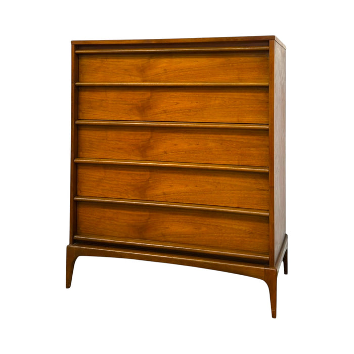 Vintage Mid-Century Modern 5-Drawer Walnut Highboy Dresser Dovetailed Drawers by Lane.