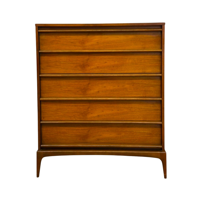 Vintage Mid-Century Modern 5-Drawer Walnut Highboy Dresser Dovetailed Drawers by Lane.