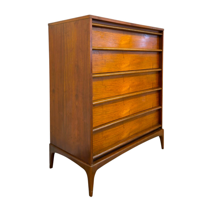 Vintage Mid-Century Modern 5-Drawer Walnut Highboy Dresser Dovetailed Drawers by Lane.