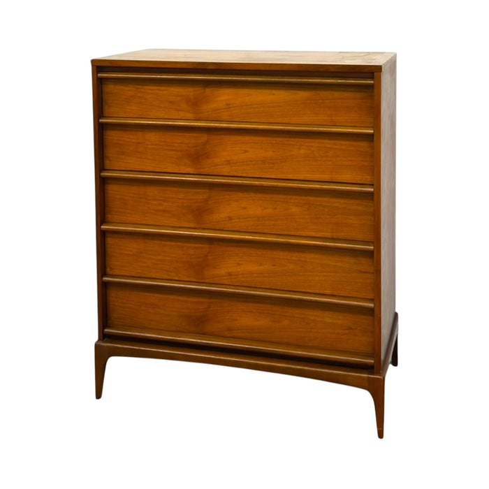 Vintage Mid-Century Modern 5-Drawer Walnut Highboy Dresser Dovetailed Drawers by Lane.
