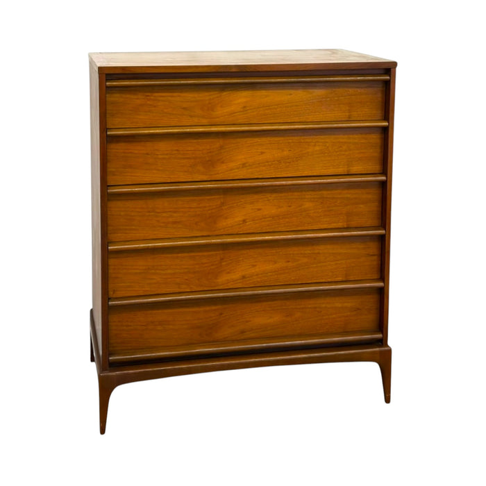 Vintage Mid-Century Modern 5-Drawer Walnut Highboy Dresser Dovetailed Drawers by Lane.