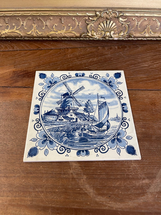 Vintage Dutch Delft Blue Ceramic Tile by Schoonhoven Keramiek, Holland - Windmill and Sailboat Scene