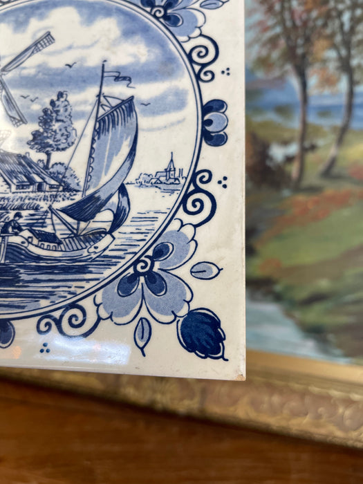 Vintage Dutch Delft Blue Ceramic Tile by Schoonhoven Keramiek, Holland - Windmill and Sailboat Scene